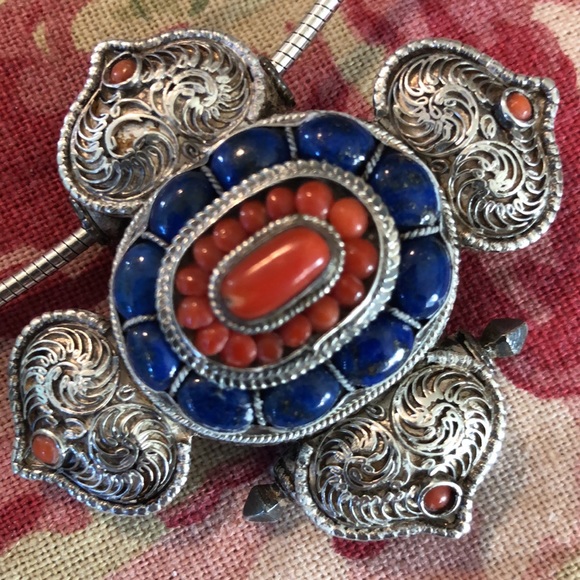 VINTAGE Etched Sterling Silver 925 Orange Blue stones Serpentine Chain Southwest - Picture 2 of 16